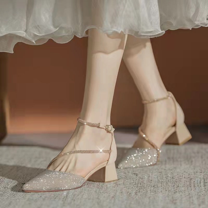 Pointed Toe Rhinestone Chunky High Heels