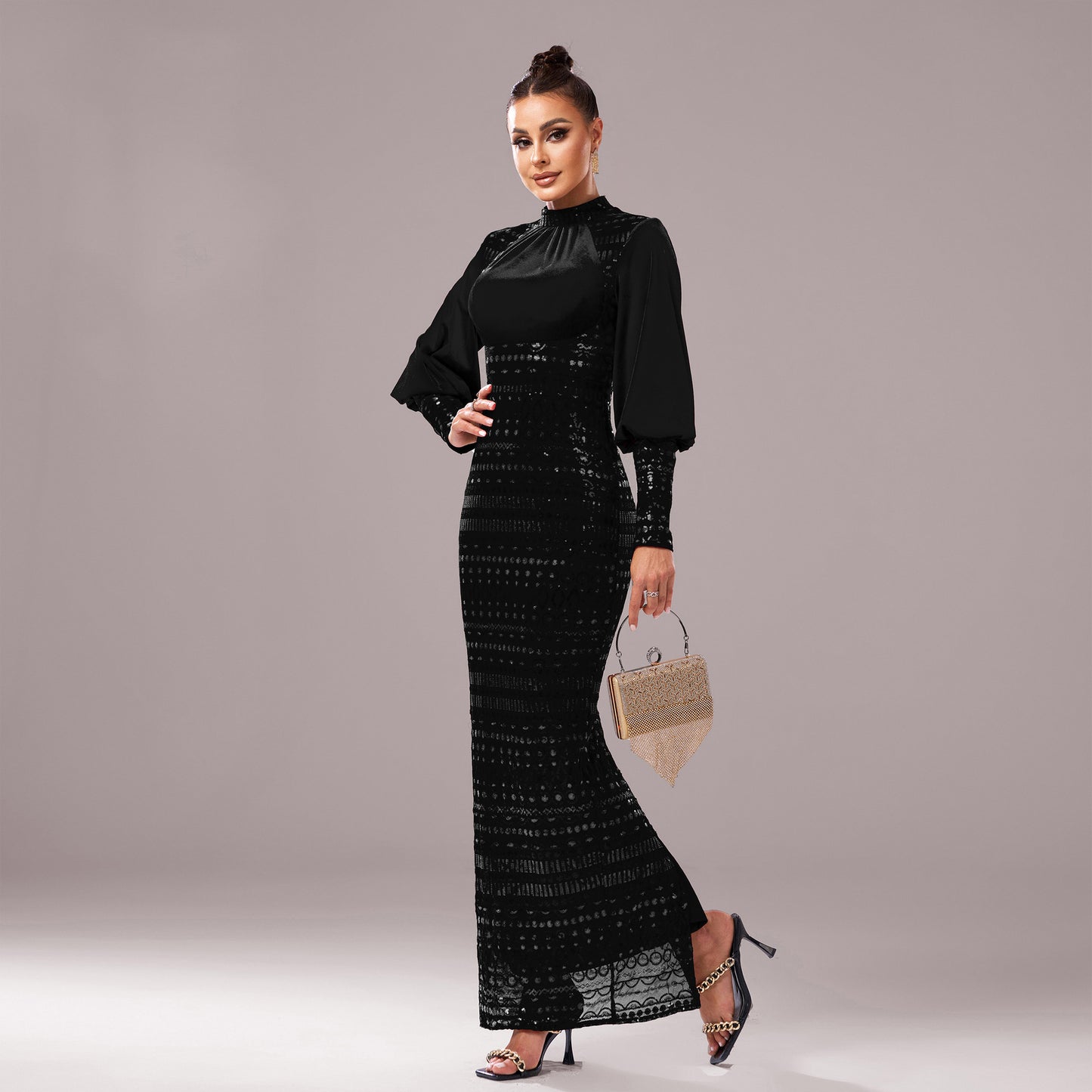 Long Sleeve Sequins Slit Evening Dress