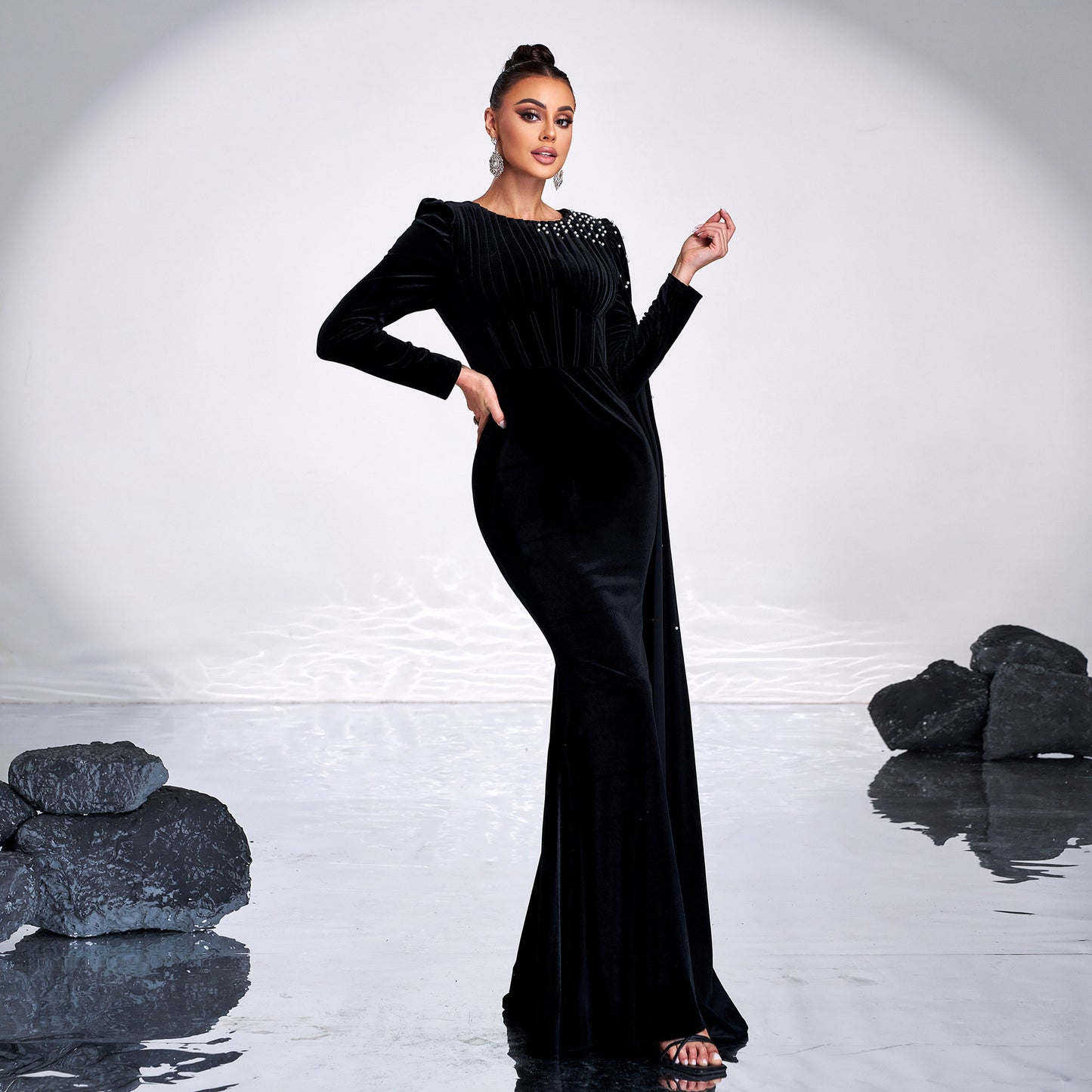 Velvet Long Sleeve Rhinestone Dress