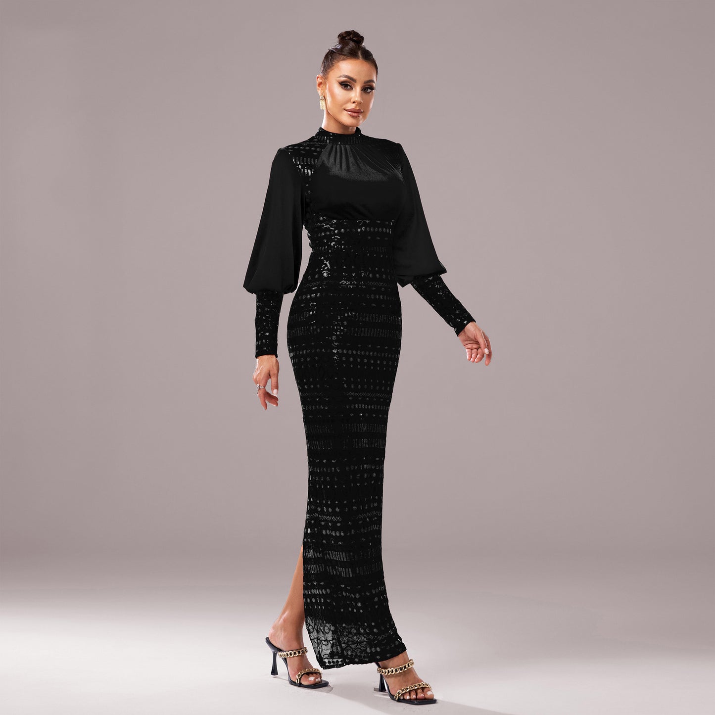 Long Sleeve Sequins Slit Evening Dress