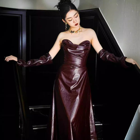 Off-the-shoulder Leather Gown