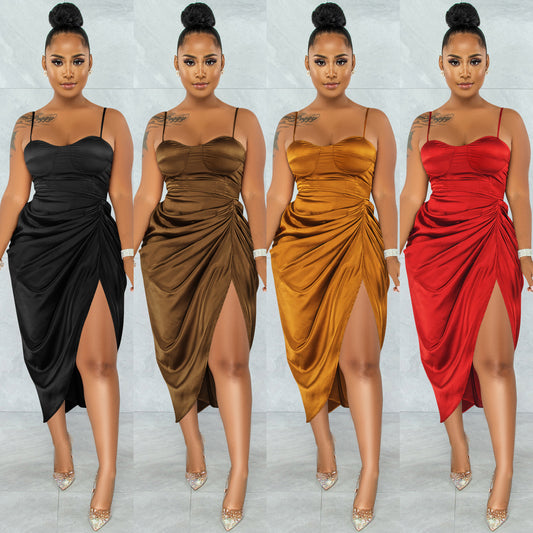 Sling Wrap Chest Ruched Slit Dress