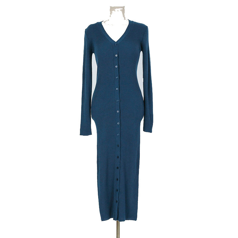 Blue Buttoned Long Knit Dress