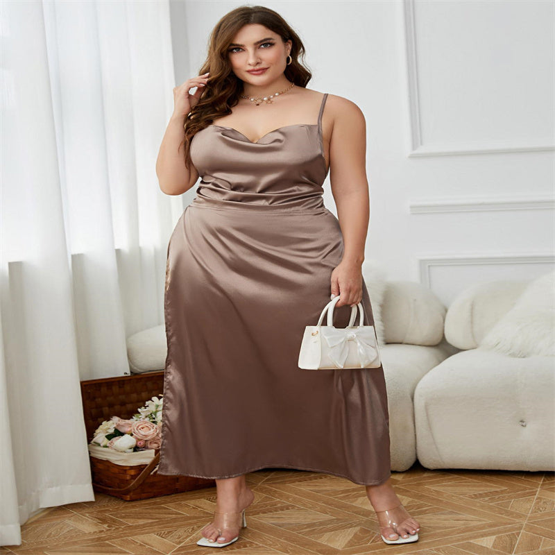 Light Brown Sleeveless Plus Size Satin Dress