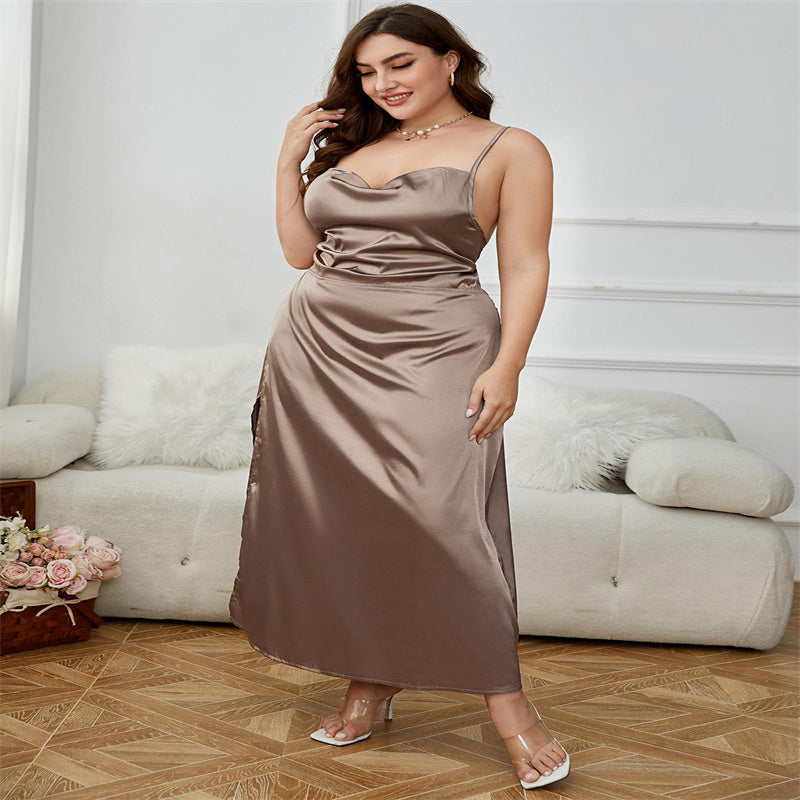 Light Brown Sleeveless Plus Size Satin Dress