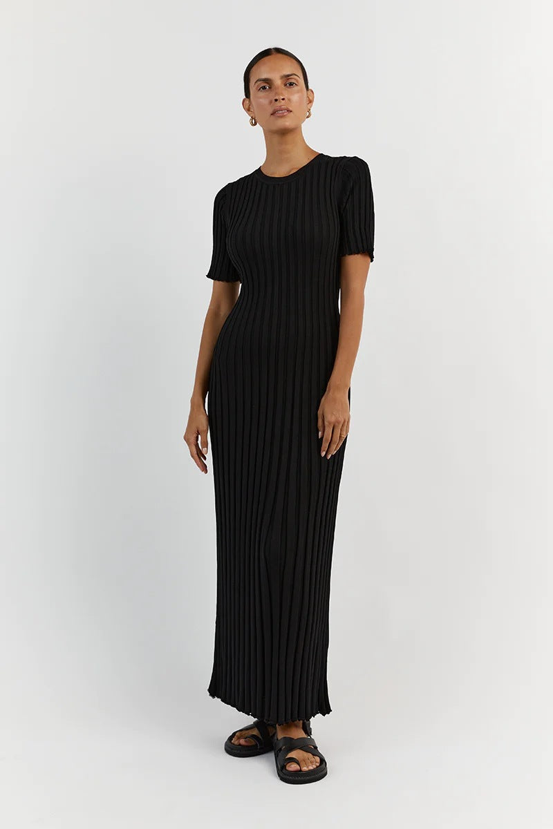 Long Knit Ribbed Dress With Round Neck