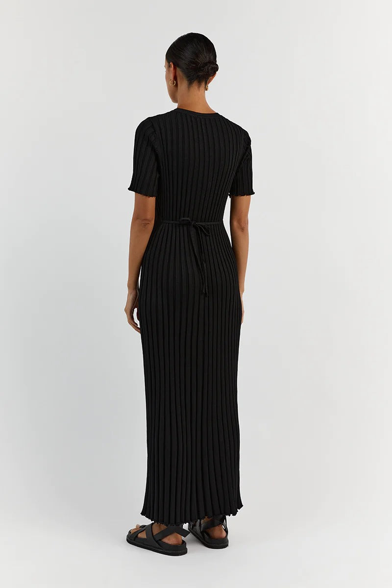 Long Knit Ribbed Dress With Round Neck