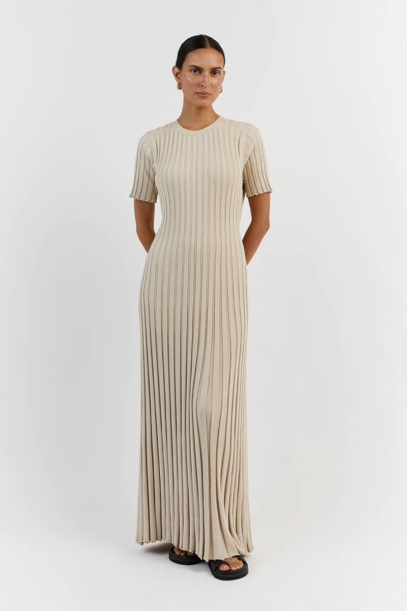 Long Knit Ribbed Dress With Round Neck