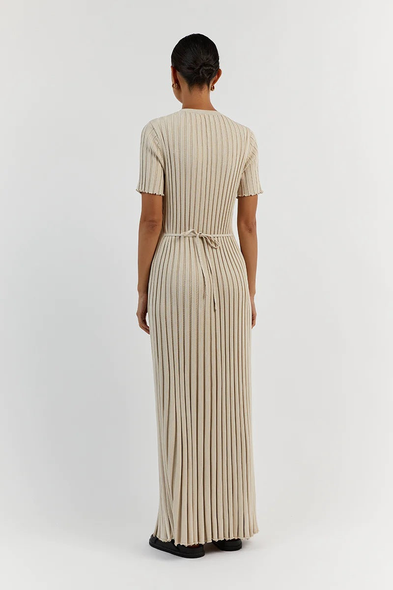 Long Knit Ribbed Dress With Round Neck