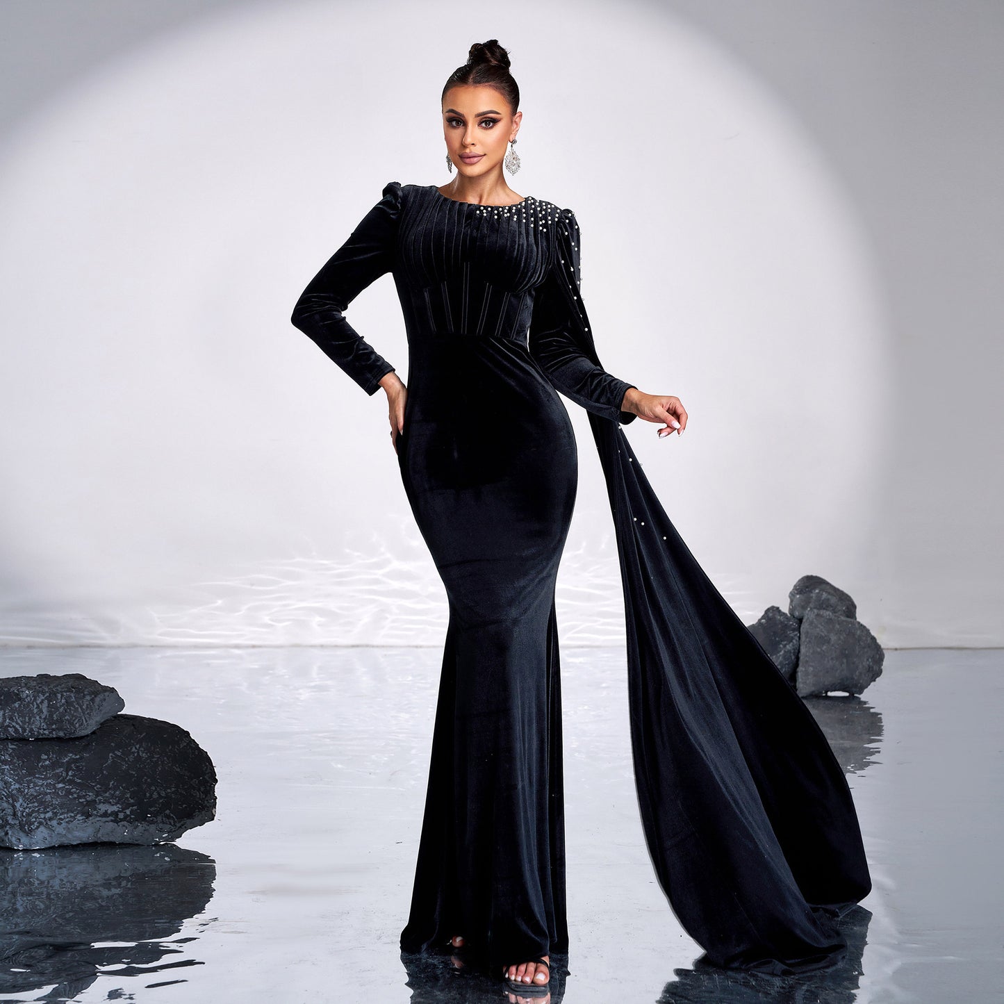 Velvet Long Sleeve Rhinestone Dress