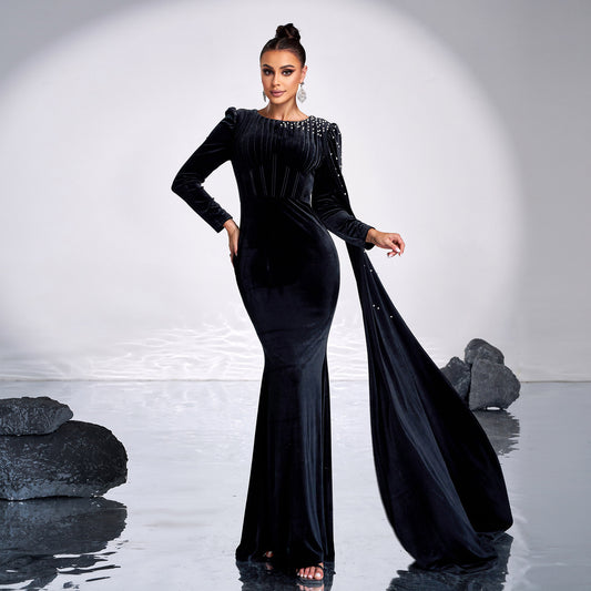 Velvet Long Sleeve Rhinestone Dress