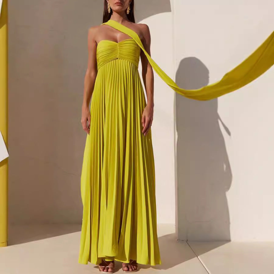 Yellow Tube-top Pleated Dress