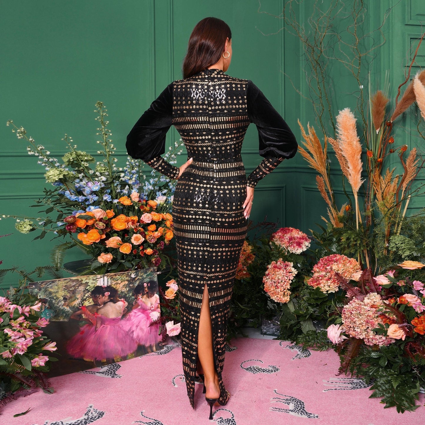 Long Sleeve Sequins Slit Evening Dress