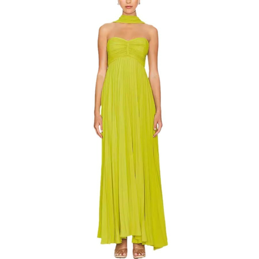 Yellow Tube-top Pleated Dress