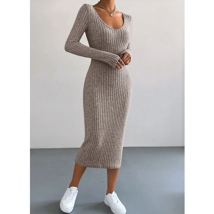 Knitted U-neck Long-sleeved Dress