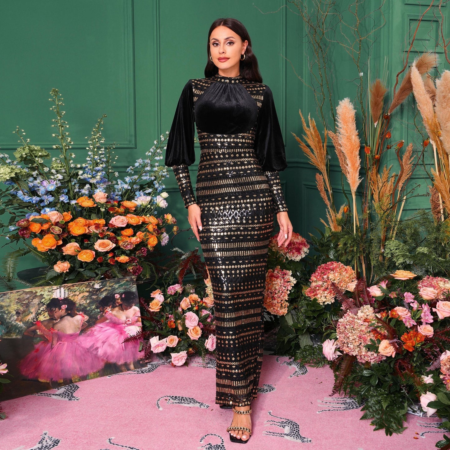 Long Sleeve Sequins Slit Evening Dress