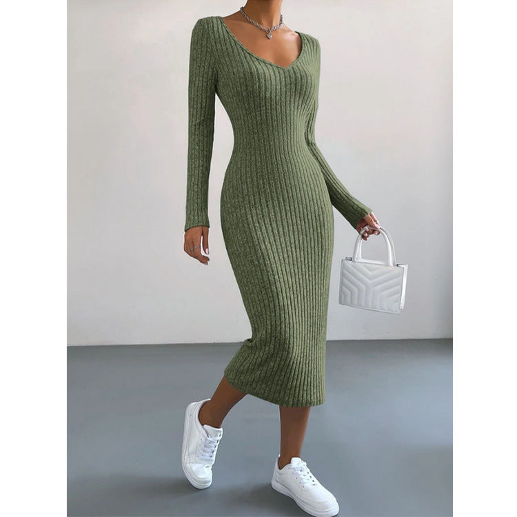 Knitted U-neck Long-sleeved Dress