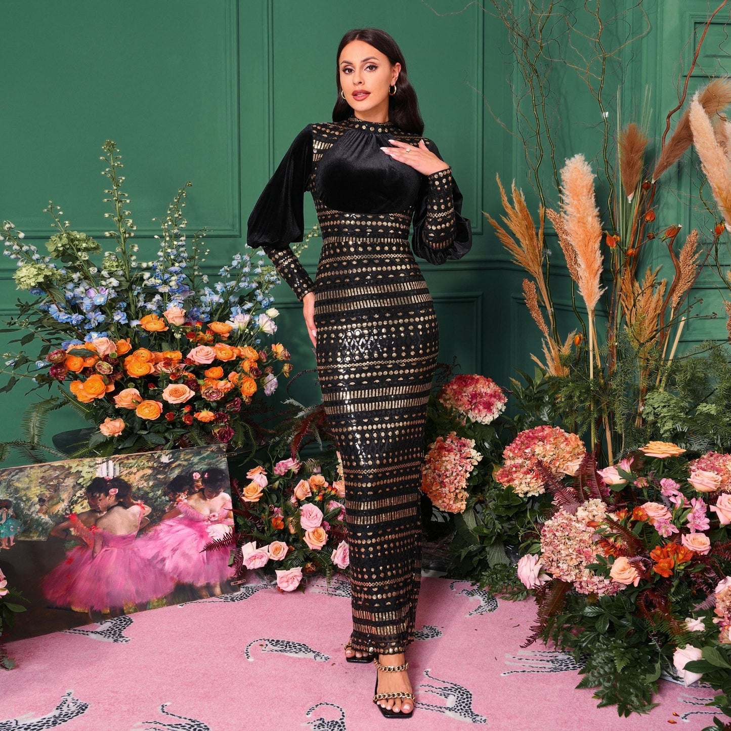 Long Sleeve Sequins Slit Evening Dress