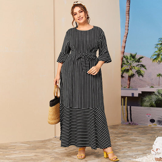 Black Round Neck Striped Dress