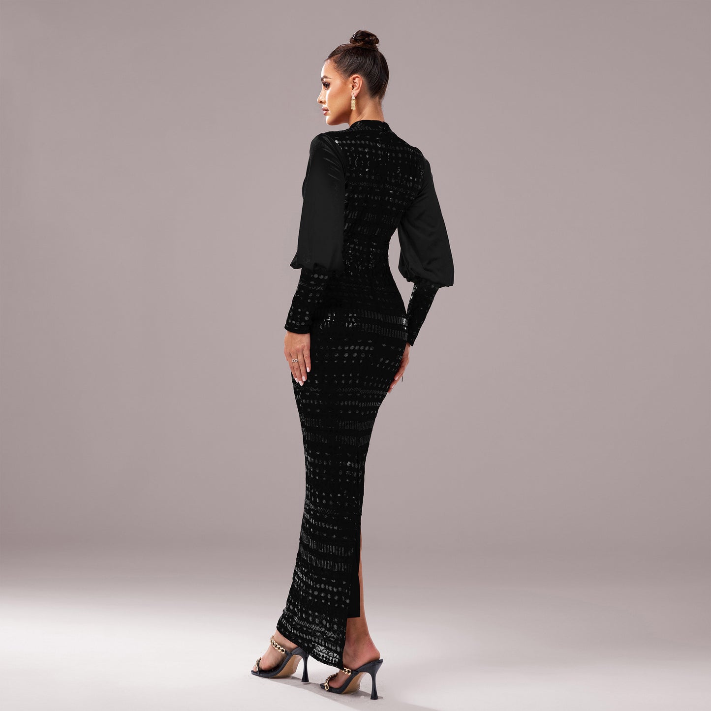Long Sleeve Sequins Slit Evening Dress