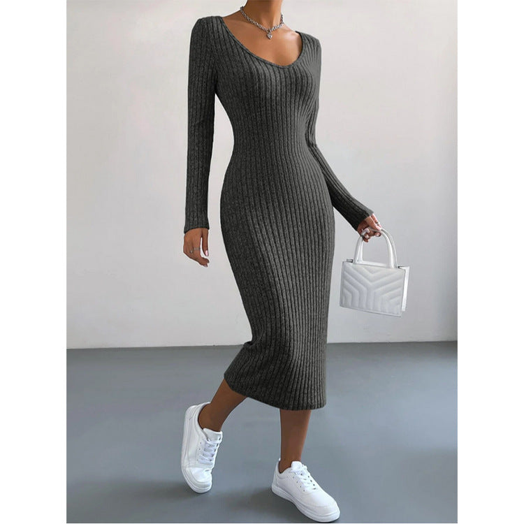 Knitted U-neck Long-sleeved Dress