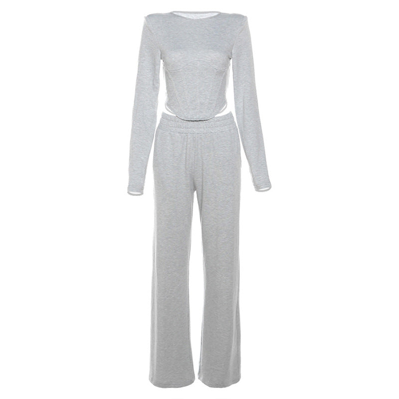 Grey Round Neck Long Sleeve Trousers Casual Suit