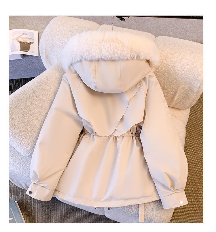 Faux Fur Hood Jacket With Waist Drawstring