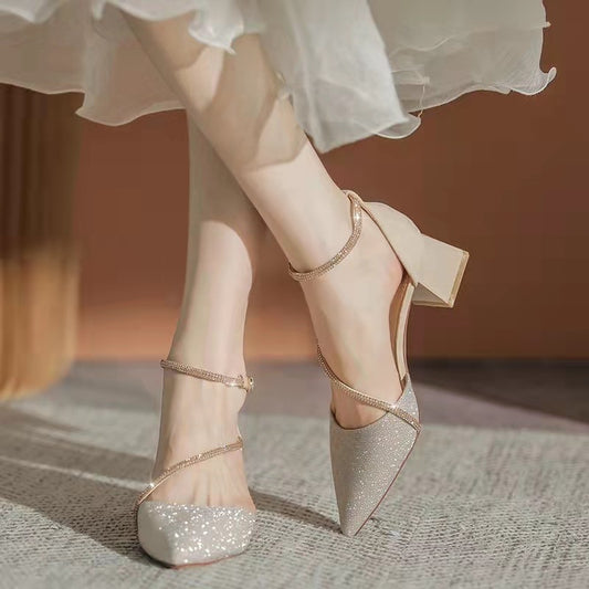 Pointed Toe Rhinestone Chunky High Heels