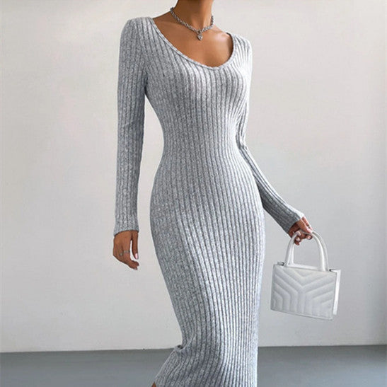 Knitted U-neck Long-sleeved Dress