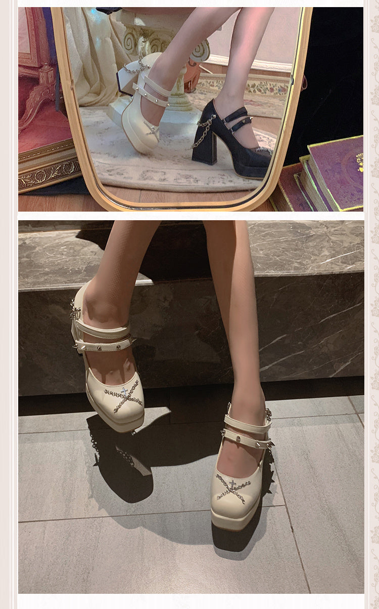 Chunky Heel Low-cut Cross High Heels