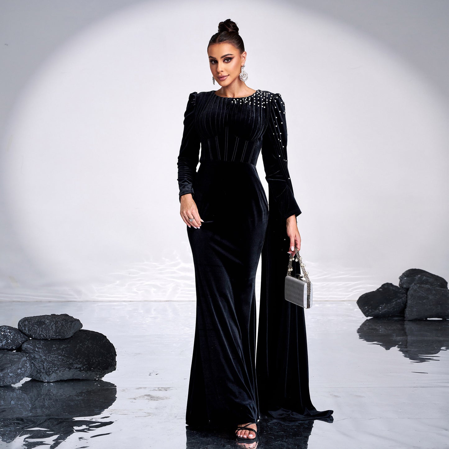 Velvet Long Sleeve Rhinestone Dress