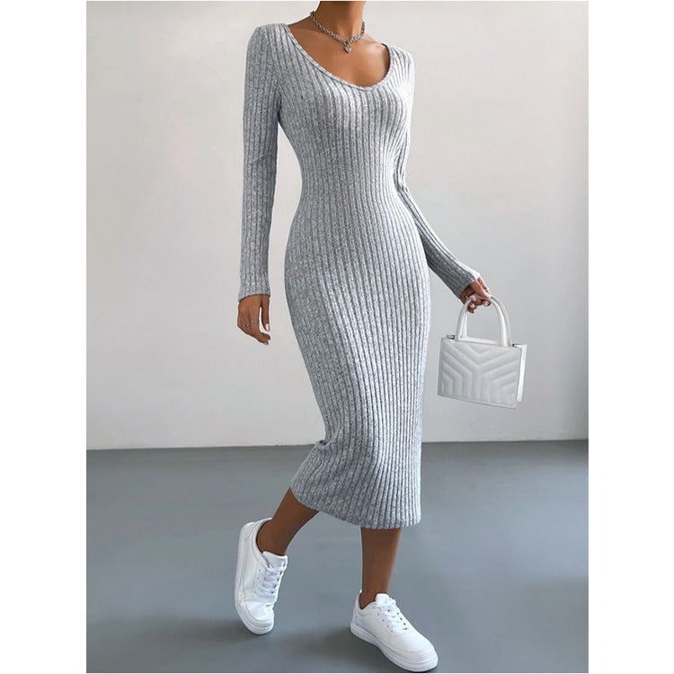 Knitted U-neck Long-sleeved Dress