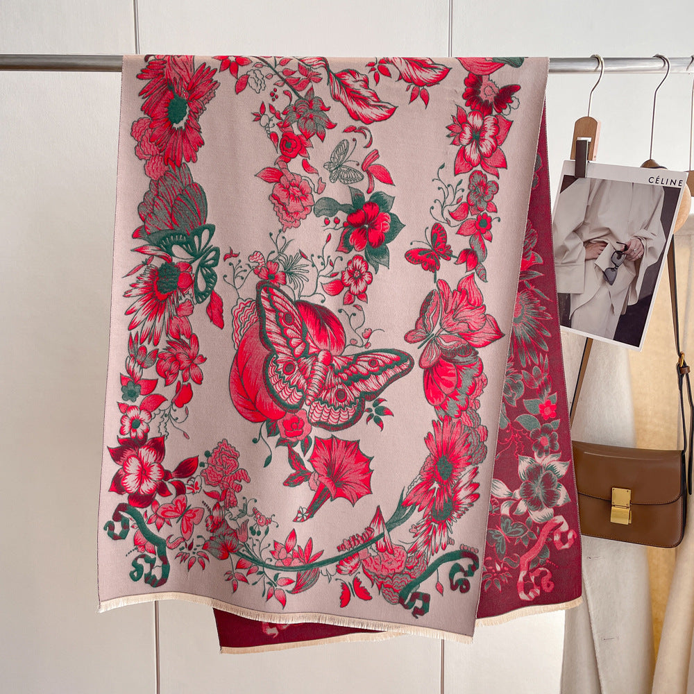 A rose red floral print cashmere scarf with butterflies stands gracefully beside a car, exuding elegance and style.