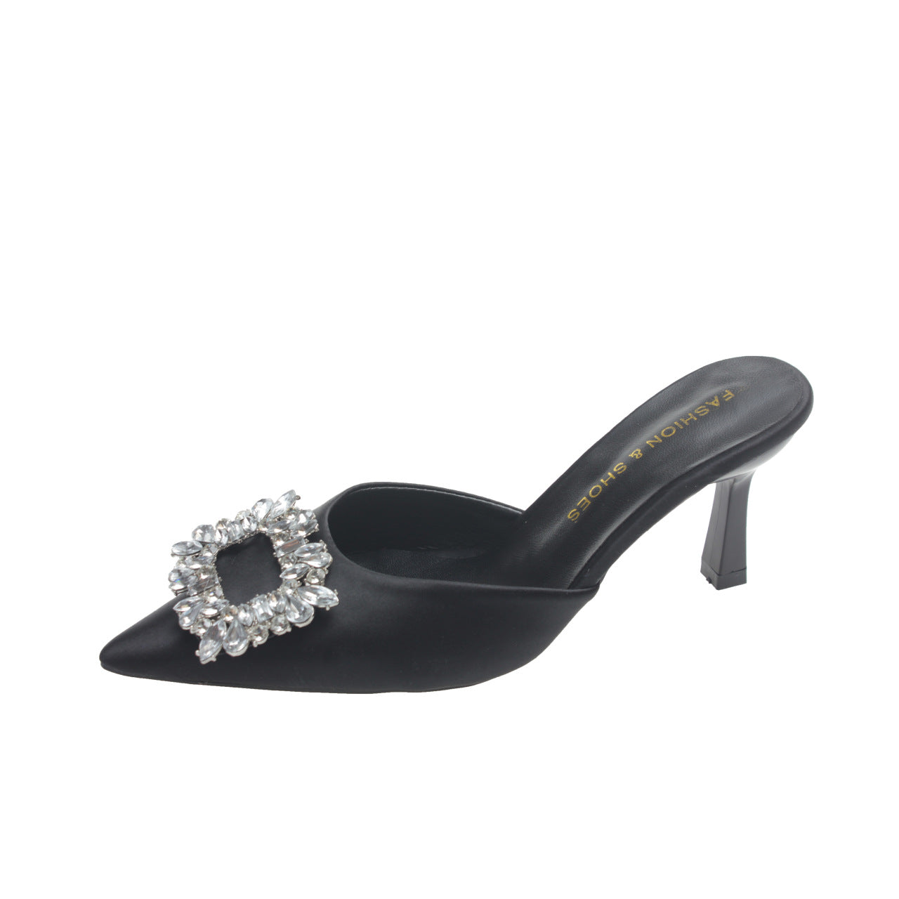 "Sophisticated black heel with crystal embellishments, featuring a pointed heel and square rhinestones for added elegance."