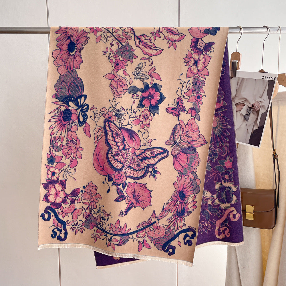 A purple floral print cashmere scarf with butterflies stands gracefully beside a car, exuding elegance and style.