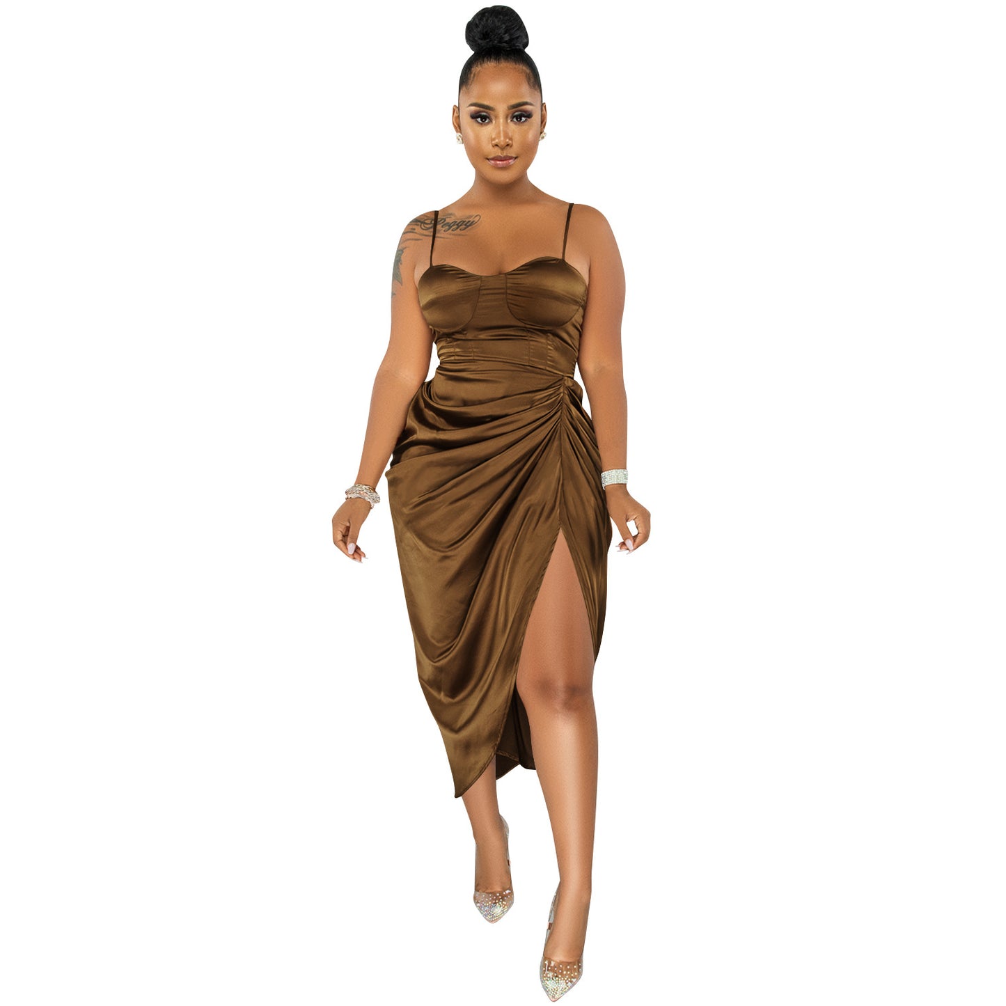 Sling Wrap Chest Ruched Slit Dress