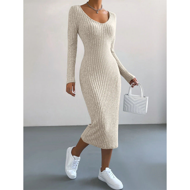 Knitted U-neck Long-sleeved Dress