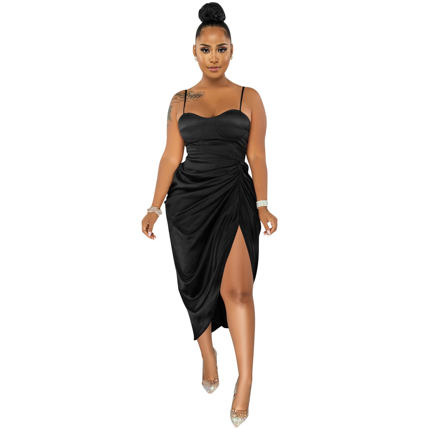 Sling Wrap Chest Ruched Slit Dress