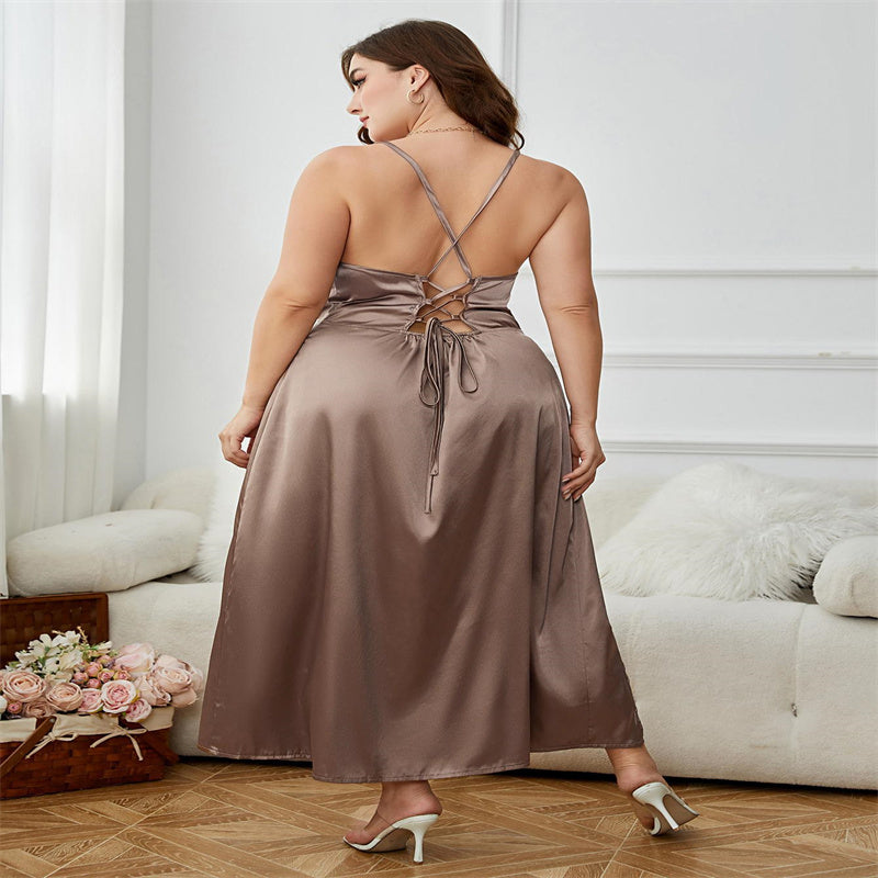 Light Brown Sleeveless Plus Size Satin Dress