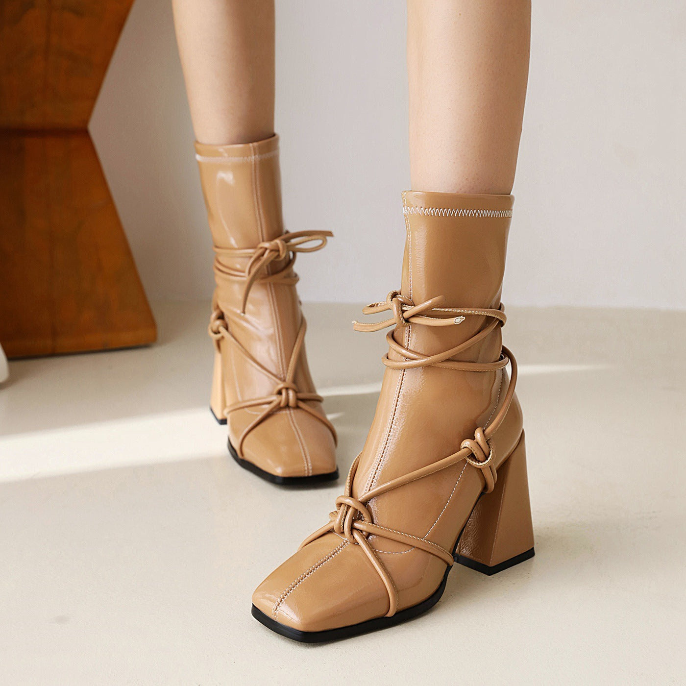 Lace Up Thick Heel Ankle Boots