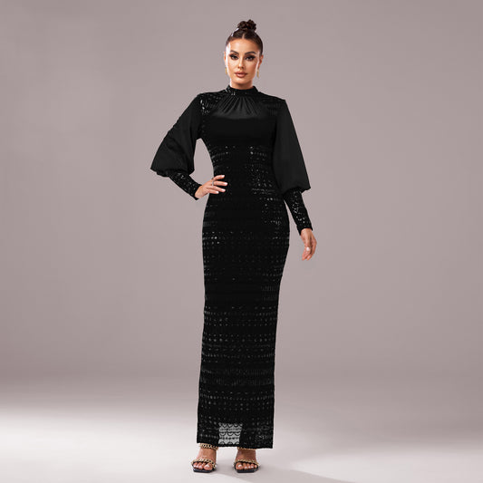 Long Sleeve Sequins Slit Evening Dress
