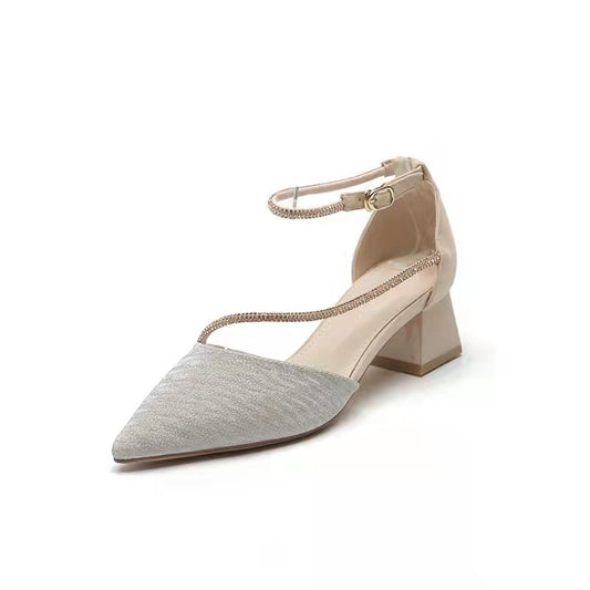 Pointed Toe Rhinestone Chunky High Heels