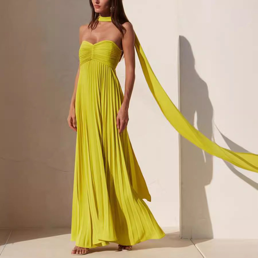 Yellow Tube-top Pleated Dress