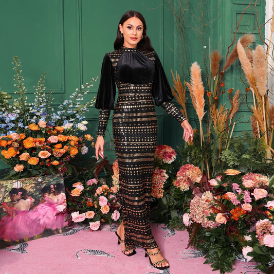 Long Sleeve Sequins Slit Evening Dress