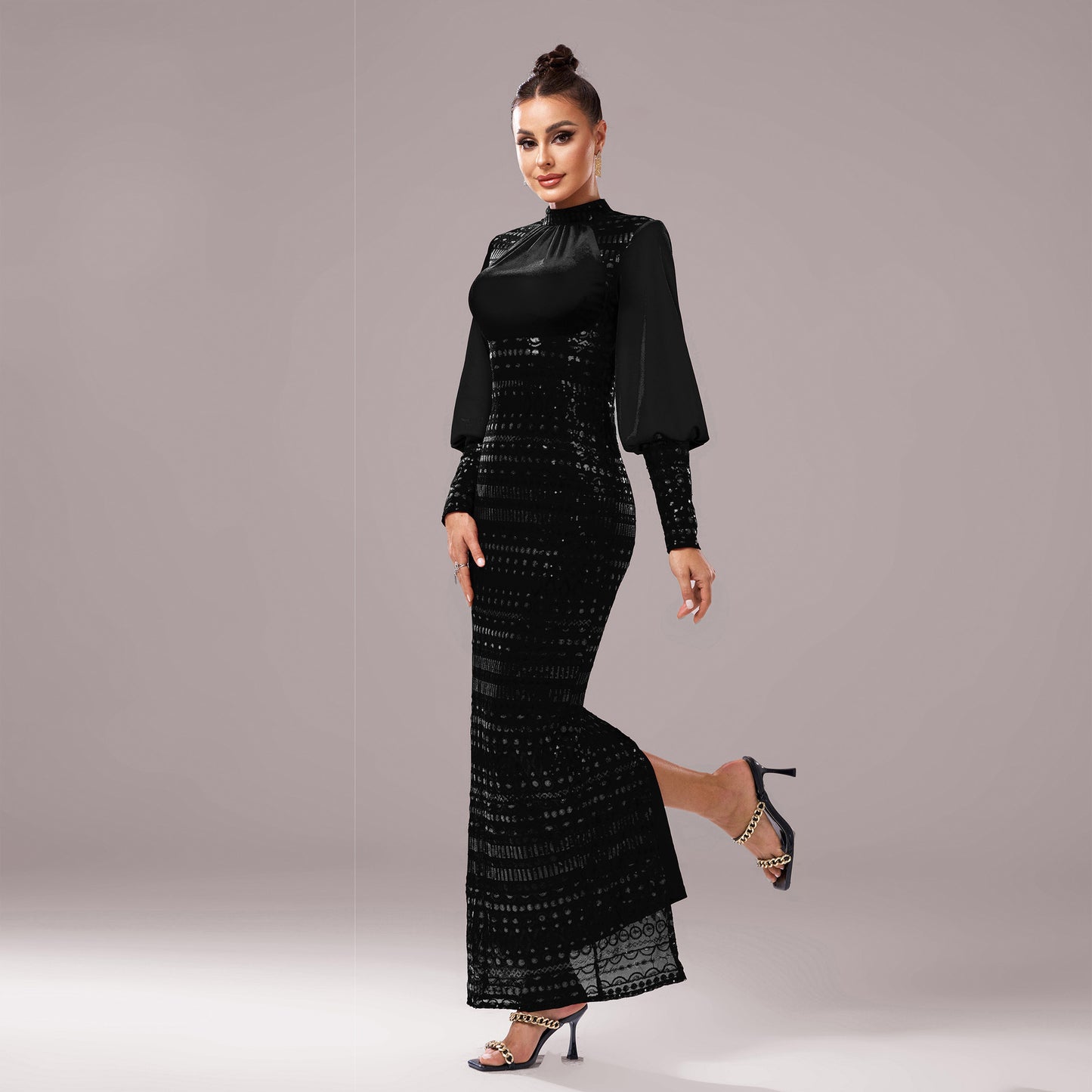 Long Sleeve Sequins Slit Evening Dress