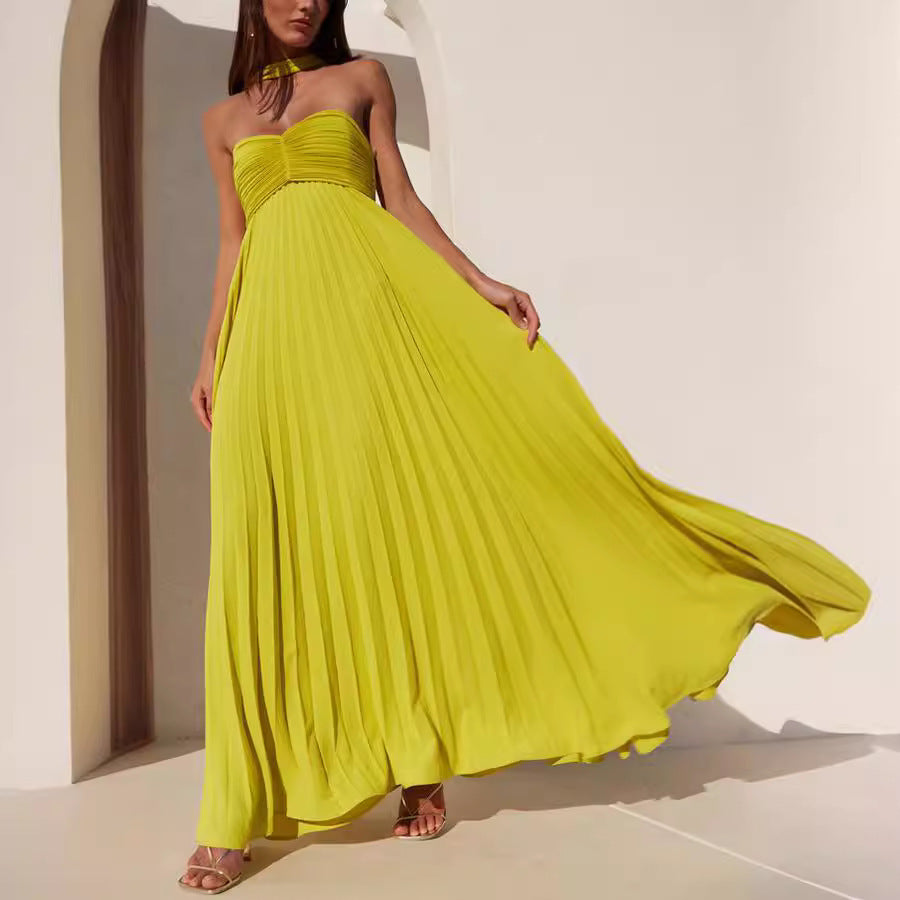 Yellow Tube-top Pleated Dress