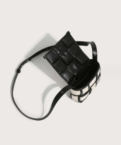  "Elegant interior of the black and white purse with strap, Destiny's crossbody bag."